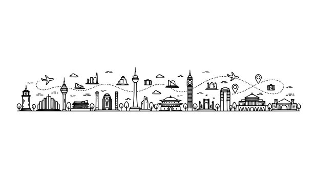 World travel line concept vector with famous landmarks and tourism route path minimal outline illustration