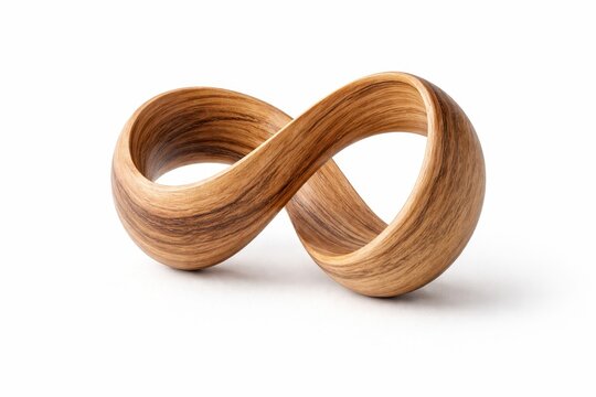 reclaimed wood mobius loop sculpture grain circular economy earth day theme lighting shadow isolated white background