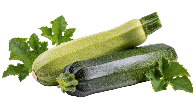 Vibrant green and dark zucchini vegetables with fresh leafy stems, isolated on transparent background for healthy recipes and culinary designs