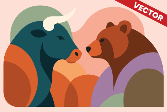 Dynamic Bull and Bear Head Illustration with Teal and Brown Tones Facing Each Other Representing Stock Market Struggle Financial Trends and Asset Valuation Vector Graphic for Web Design