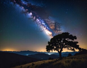 Fototapeta premium Milky Way Galaxy Over Tree Landscape.