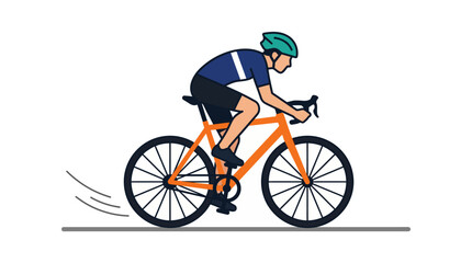 Obraz premium Clean flat vector illustration of a male road cyclist riding an orange racing bicycle with teal helmet on white background