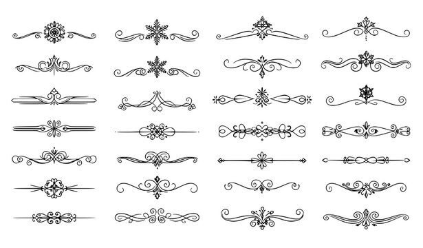 Hand drawn winter ornamental dividers vector set with snowflake floral borders for Christmas and wedding design