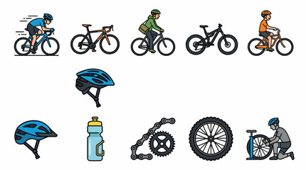Obraz premium Comprehensive cycling icon set featuring road bikes mountain bikes helmets repair tools and water bottle