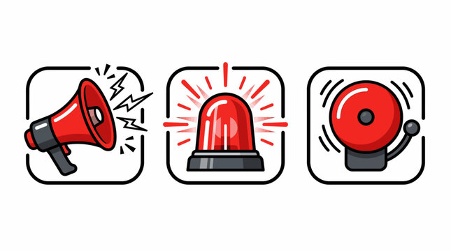 Bold vector icon set for breaking news and emergency alerts featuring megaphone siren and alarm bell