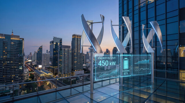 Rooftop wind turbines with smart energy display in modern city skyline