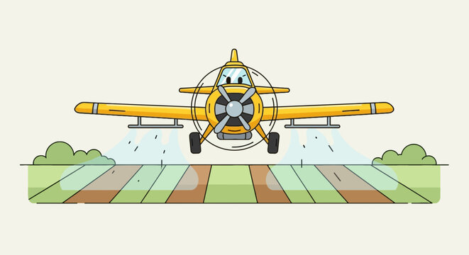 A cartoon-style yellow crop duster spraying a field with the pilot visible in the cockpit