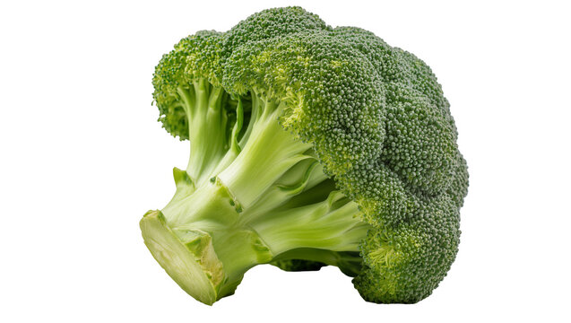 Vibrant green broccoli floret densely packed with small buds and textured stems, isolated on transparent background for healthy food designs