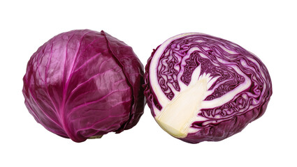 Fototapeta premium Vibrant purple red cabbage head halved to reveal intricate layered texture, isolated on transparent background for culinary design elements