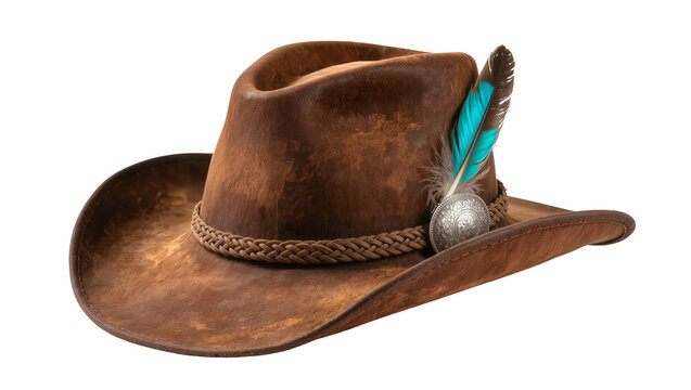 Vintage distressed brown leather cowboy hat with braided trim turquoise feather and silver concho, isolated on transparent background for western themes