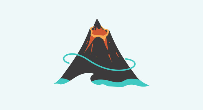Stylized Volcano Erupting With Lava Flowing Into Ocean.