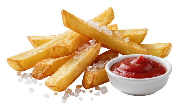 Crispy golden french fries sprinkled with coarse salt accompanied by a small bowl of vibrant red ketchup, isolated on transparent background for menus
