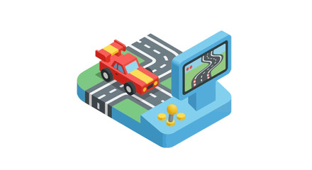 Isometric view of a toy race car on a stylized track integrated with an arcade console © daeng