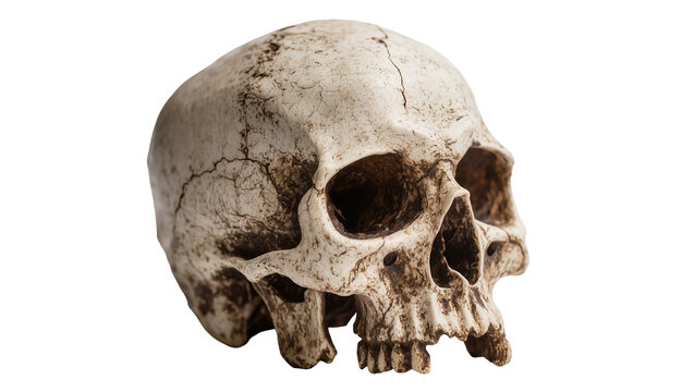 Antique human skull with weathered bone texture and visible cracks, isolated on transparent background for Halloween or anatomical studies
