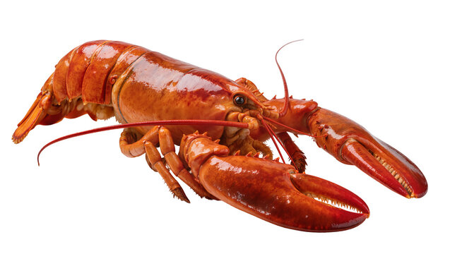 Vibrant American lobster with large claws and segmented tail showcasing its natural texture and color, isolated on transparent background for seafood designs