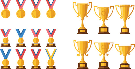 Fototapeta premium Gold Trophy and Medal Set, Award Winner Achievement Cartoon Collection