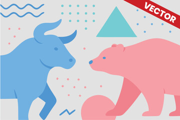 Fototapeta premium Flat Minimalist Bull and Bear Market Illustration with Geometric Shapes and Pastel Colors for Financial Business News Finance Growth and Stock Exchange Concept Background Vector