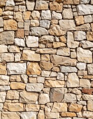 Fototapeta premium Close-up photograph of a textured, natural stone wall, displaying irregular, light-brown stones with varying shapes and shades