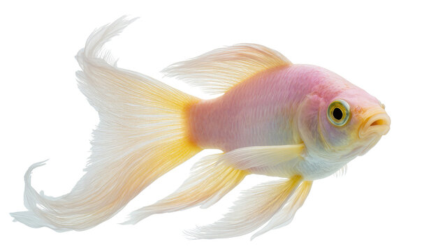 Delicate pink and yellow goldfish with flowing fins and large eyes, gracefully swimming isolated on transparent background for aquatic designs