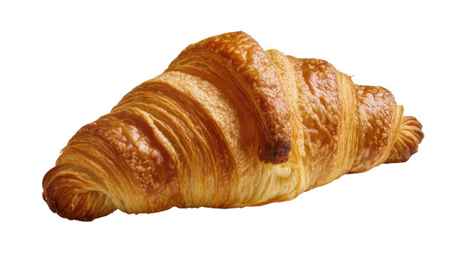 Golden flaky croissant pastry with intricate layered texture, perfectly baked and isolated on transparent background for bakery menus