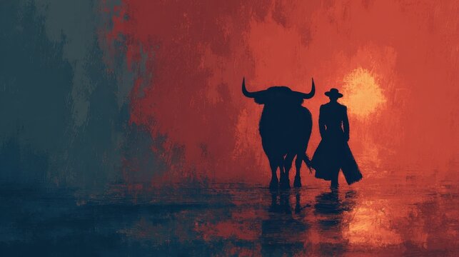 Silhouette of matador and bull at sunset with minimal composition and dramatic contrast