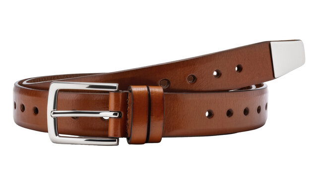 Elegant brown leather belt with silver-tone rectangular buckle featuring multiple punched holes for adjustable fit, isolated on transparent background for fashion catalogs