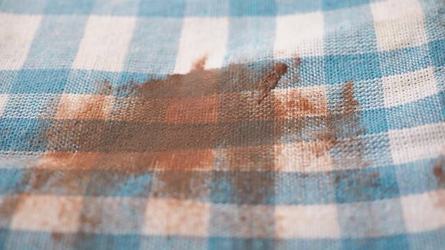 Close up dirty brown powder stain on blue and white checkered fabric.