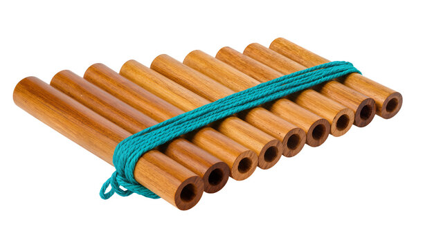 Traditional wooden pan flute with ten cylindrical pipes secured by a vibrant turquoise cord, isolated on transparent background for musical designs