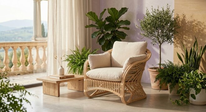 A sustainable designer armchair made of light rattan and organic cotton cushions. 