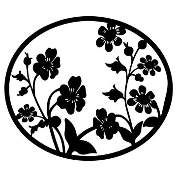 Vintage floral silhouette in oval frame, black botanical wildflower vector illustration, elegant garden flower stencil for laser cutting and crafts