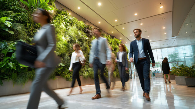 Dynamic and wide interior shot of a large modern office building lobby or atrium multiple anonymous professionals walking briskly in different directions captured as deliberate