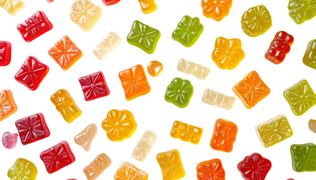 Assorted colorful candies of various shapes with bright outlining against a black background