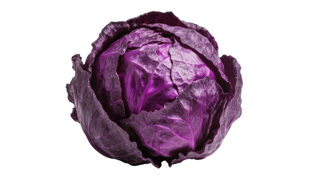 Hefty round purple cabbage head with tightly packed crinkled leaves, isolated on transparent background for healthy recipes and food design