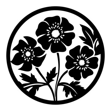 Japanese floral crest vector, black and white anemone flower silhouette in circular frame, traditional botanical mon emblem for laser cutting