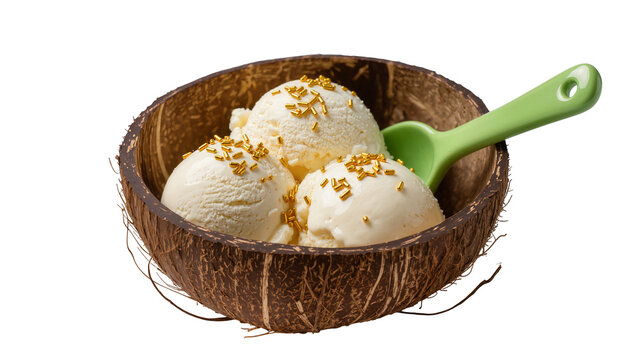 Creamy vanilla ice cream scoops topped with golden sprinkles presented in a rustic coconut shell bowl, isolated on transparent background for dessert promotions