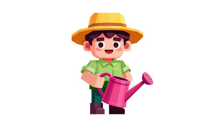 Obraz premium Smiling young gardener wearing a straw hat and green shirt holding a pink watering can, isolated on transparent background for springtime designs