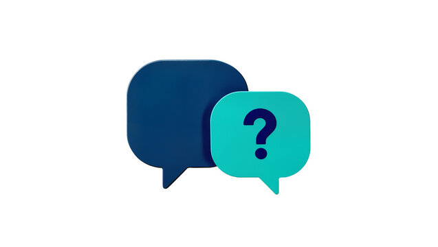 Two speech bubbles one blue and one turquoise with a question mark inside, isolated on transparent background for conceptual communication designs