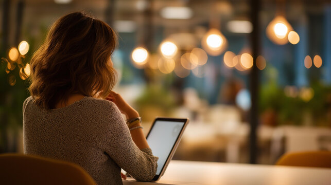 Warm and candid close up of an anonymous young woman from behind seated at a wide white desk in a modern open office a thin tablet in one hand held at a slight angle showing