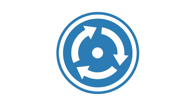 A blue circular road sign with three white arrows circling a white dot, on a white background