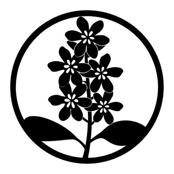 Japanese kamon style floral crest, black and white flower silhouette in circular frame, traditional oriental botanical vector emblem for logo design