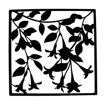 Floral silhouette vector art, black botanical leaf and flower pattern in square frame, decorative nature stencil for laser cutting and crafts