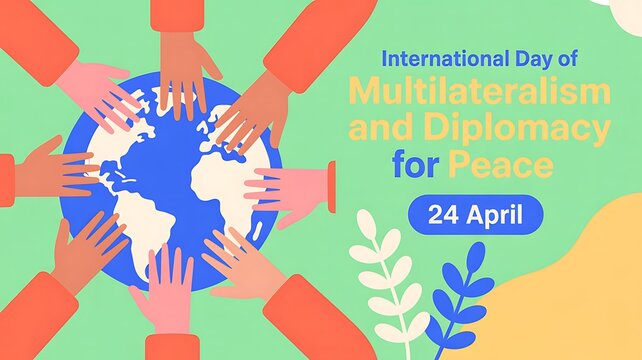 International day of multilateralism and diplomacy for peace with diverse human hands holding a globe icon