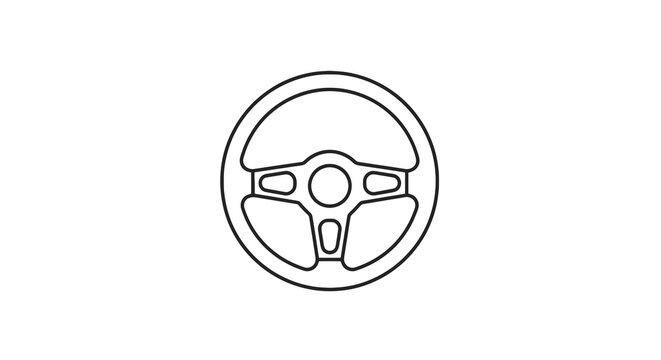 A minimalist outline of a steering wheel in the center, set against a stark white backdrop