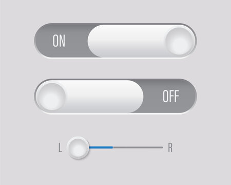 Modern UI element set in neumorphism style featuring toggle on-off switches and a horizontal slider on a clean grey background.