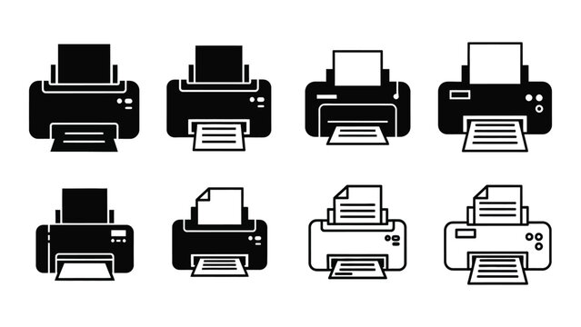A collection of black printer icons in various styles and configurations showcasing office technology as a silhouette high quality professional detailed