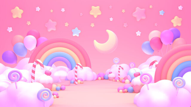 3D rendered sweet rainbow candy land.
