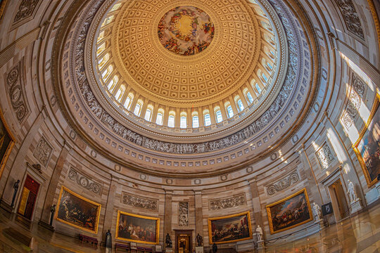 WASHINGTON DC, USA - SEPTEMBER 4, 2018: Interior of the Washington Capitol hill dome. Rotunda with tourists.