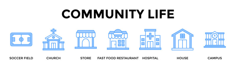 Community Life Banner Web Icon Set Collection Pack Vector Illustration Concept For Celebrate Community Spaces That Support Family Wellness Learning And Social Life © Icon 5