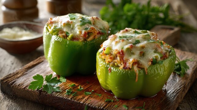 Savory stuffed green peppers on a wooden surface, warm natural light