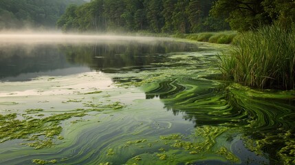 Naklejka premium Serene Lake Scene with Emerald Algae Swirls, Clear Reflections and Soft Natural Light